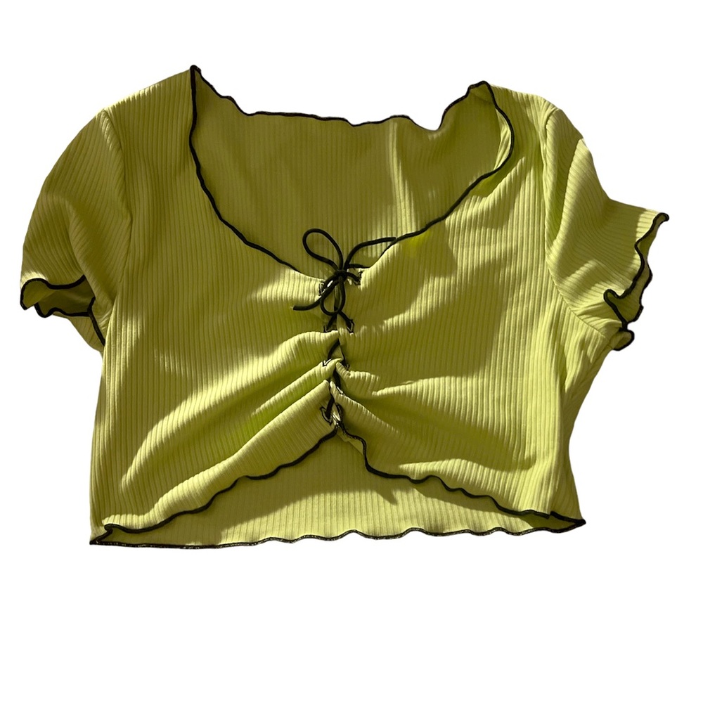 SHEIN Sage Green With Black Lace Ribbon Front Crop Top
